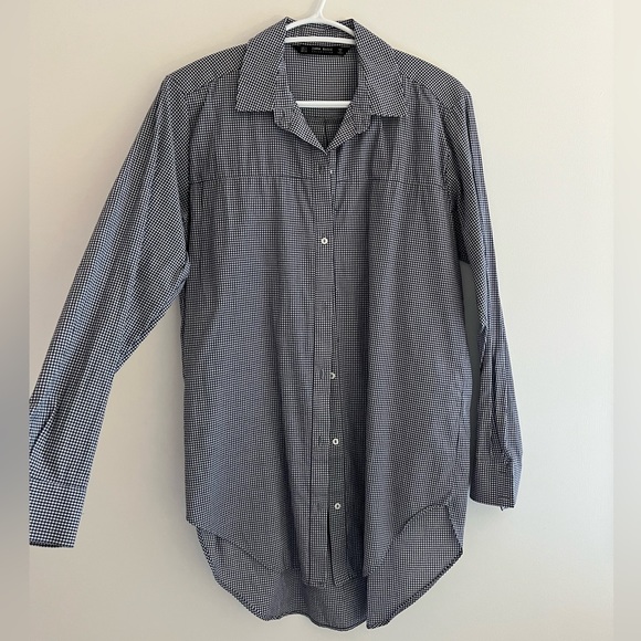 Zara Gingham Navy Button Down Shirt - Picture 2 of 4